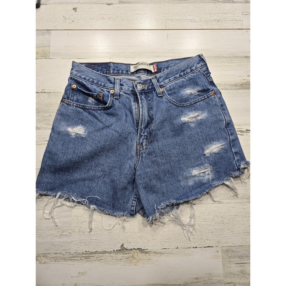 Levis 550 Relaxed Fit Denim Shorts Womens 31 Blue High Rise Distressed Cut Off